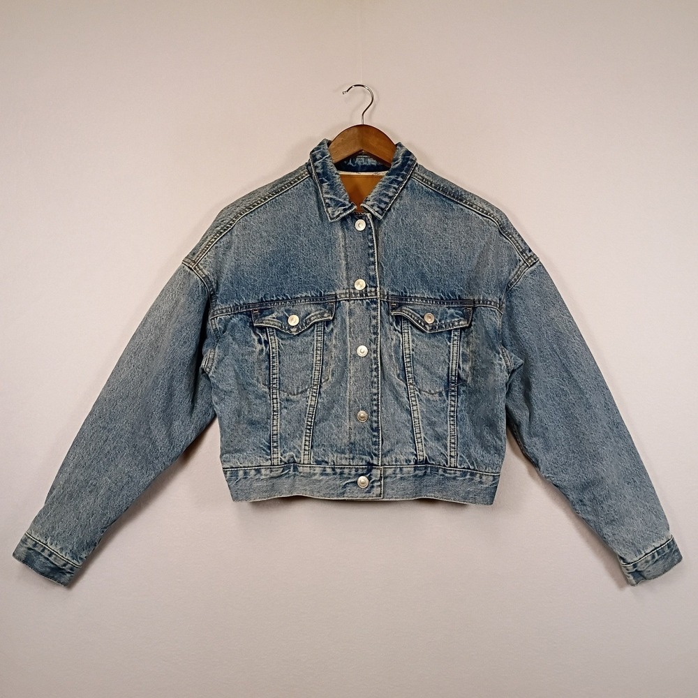 90s Retro American Eagle Women XS Blue Cropped Denim Trucker Jacket Medium Wash